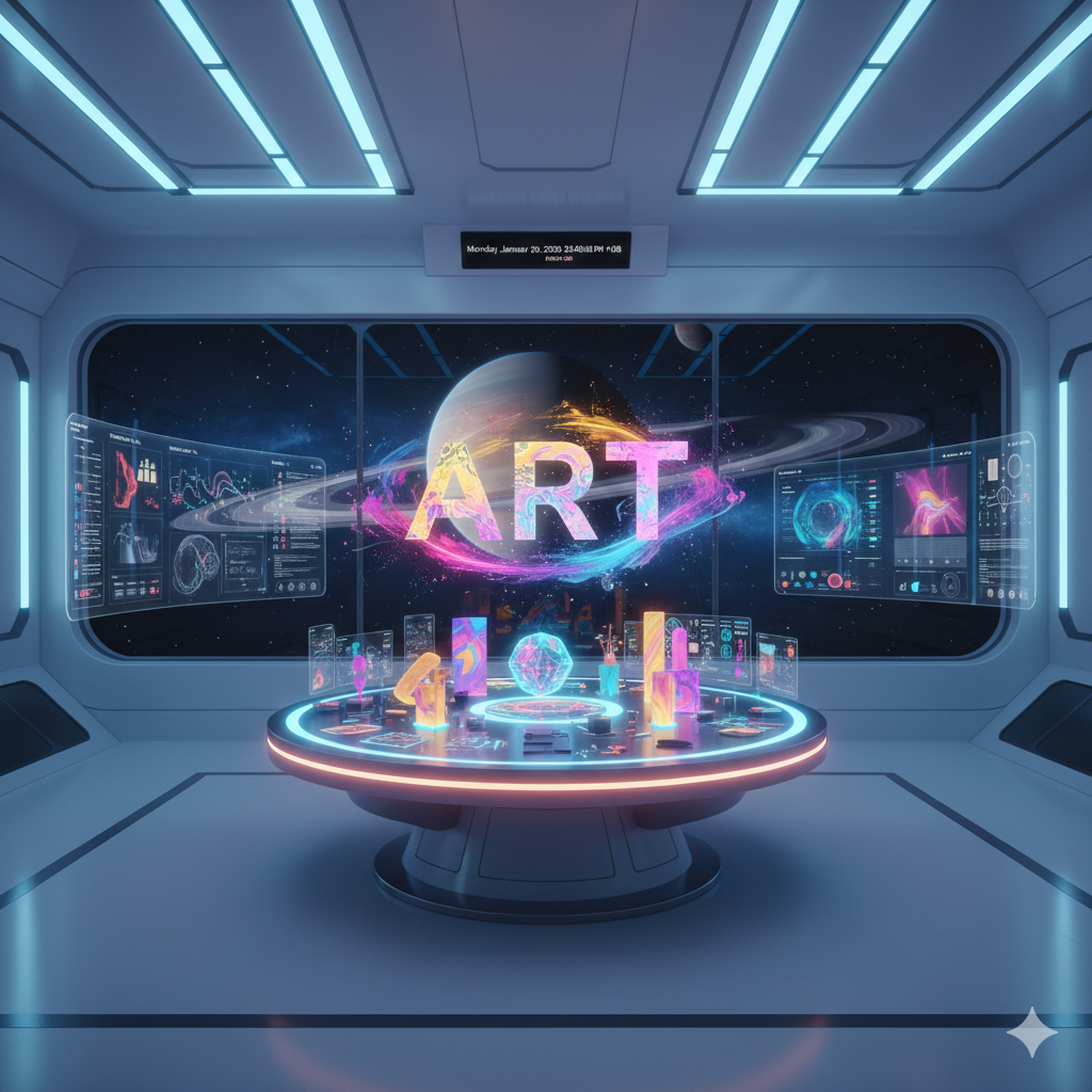 A modern art gallery with colorful paintings.