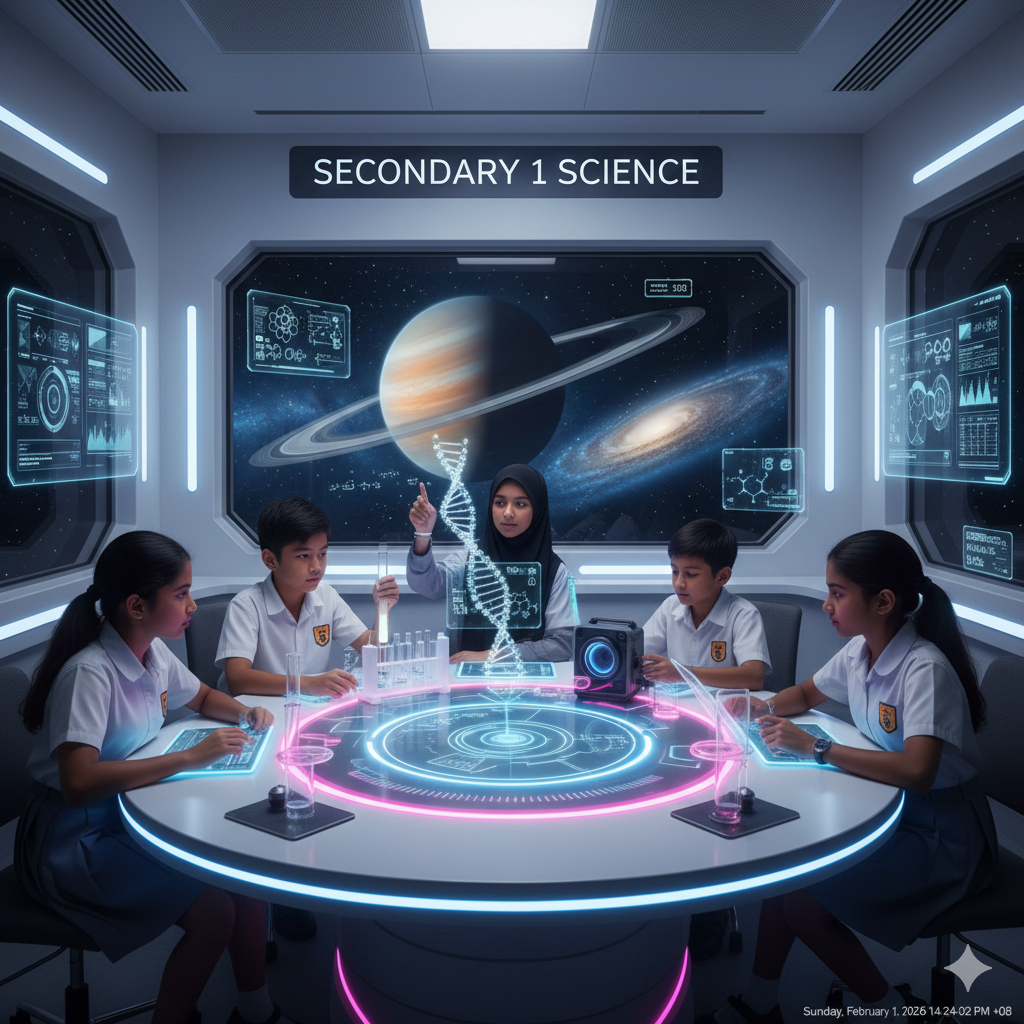 A microscope on a lab bench with beakers in the background.