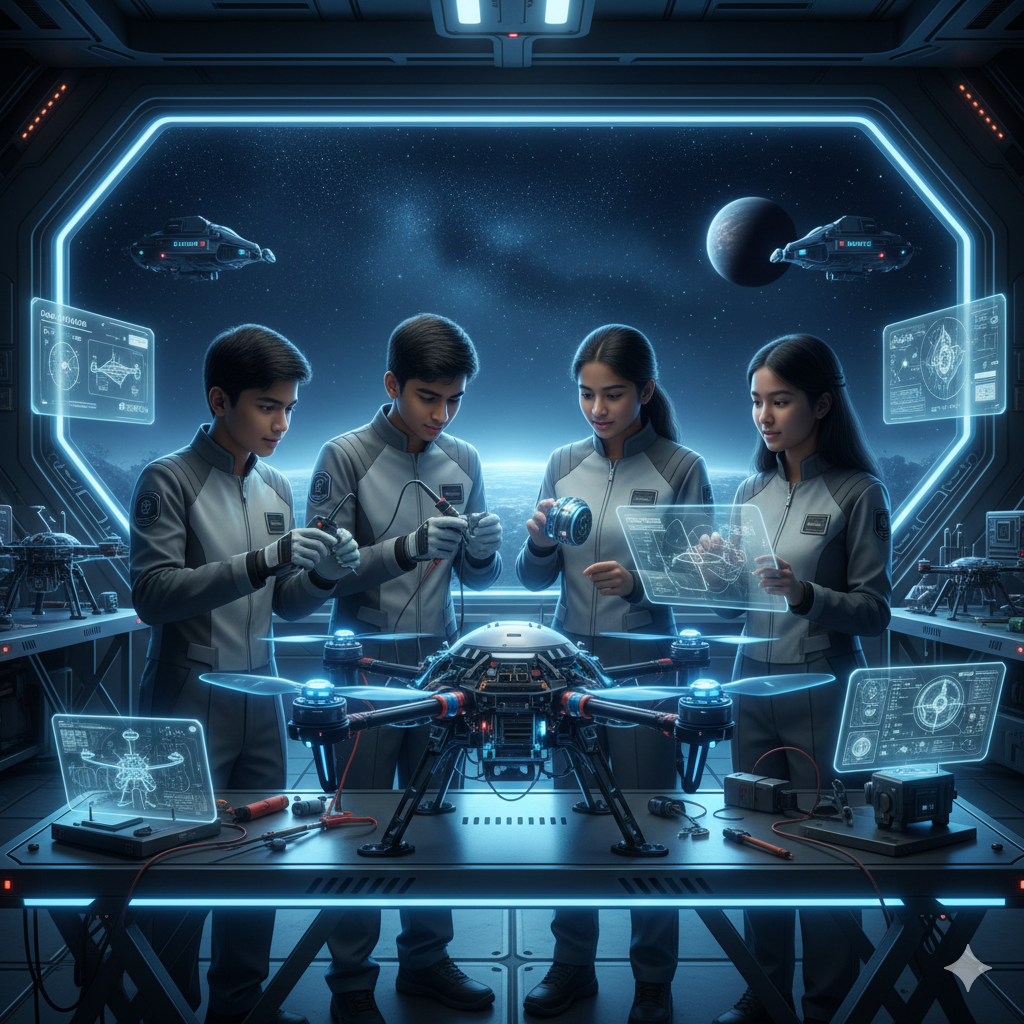 An illustration of atoms and particles, representing physics.