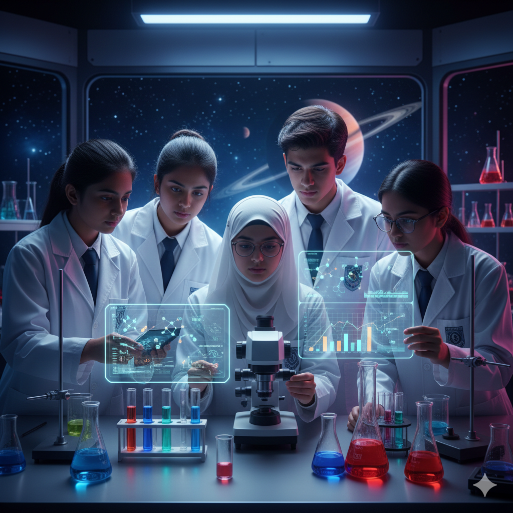 Colorful chemicals in beakers.